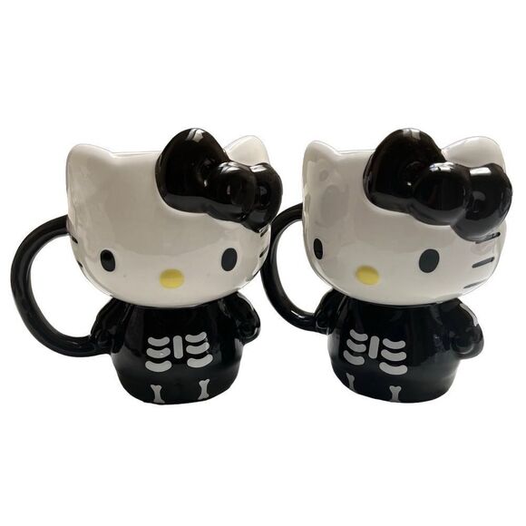 Sanrio Hello Kitty Halloween Skeleton Ceramic Mug Set of 2 Black White NEW - Picture 1 of 9